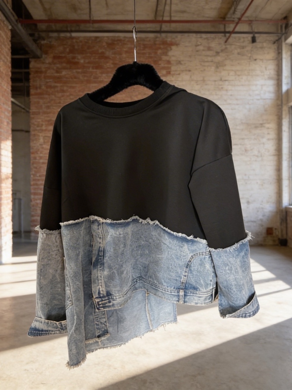 NWOT - Edgy Reworked Style Asymmetric Denim Patchwork Pullover - Fits XL - Picture 2 of 13